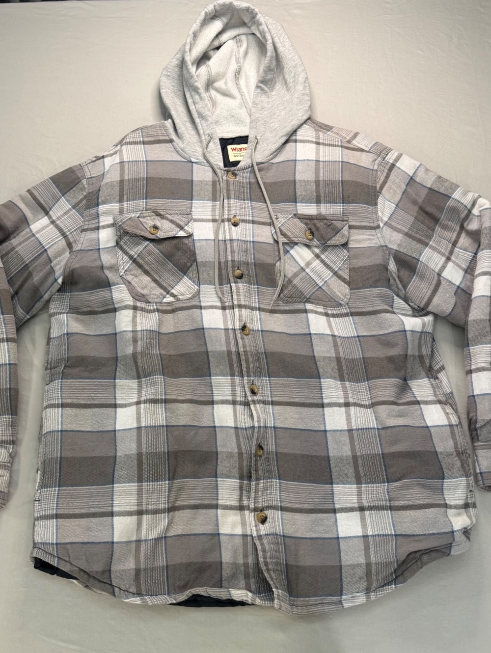 Wrangler Authentics Mens XL Plaid Flannel Shirt Jacket Hooded Quilted Lined